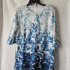 Blue Leaf-Print Henley Tunic Top - Casual Women's Cotton Blend